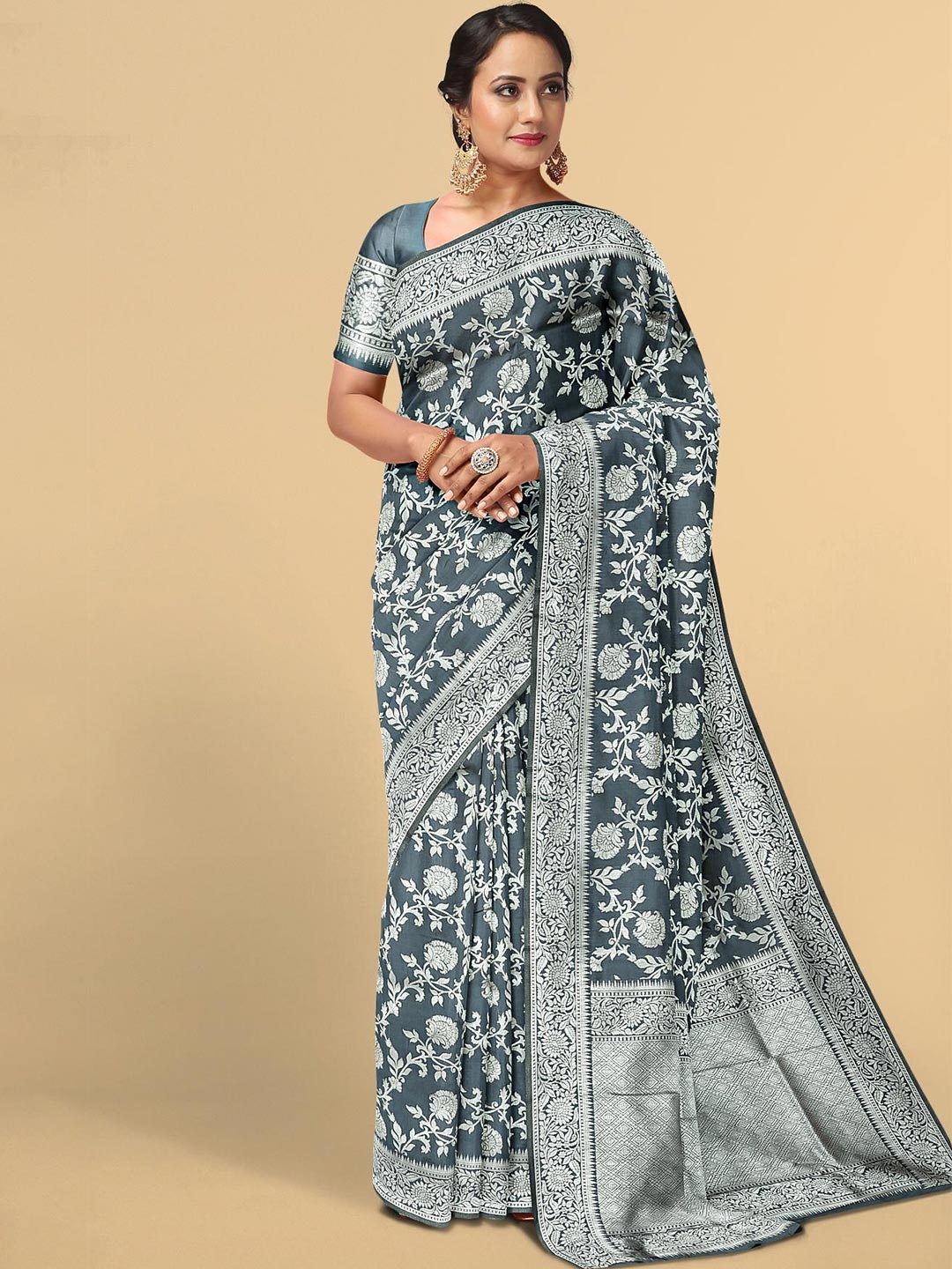 

Kalamandir Grey & Silver-Toned Floral Zari Silk Blend Saree