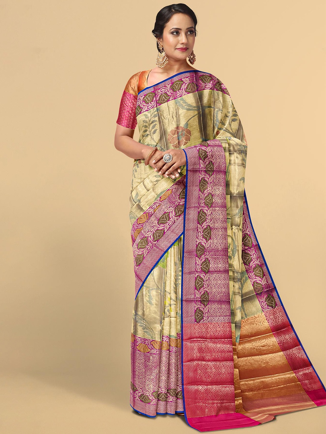 

Kalamandir Blue & Pink Floral Zari Tissue Saree