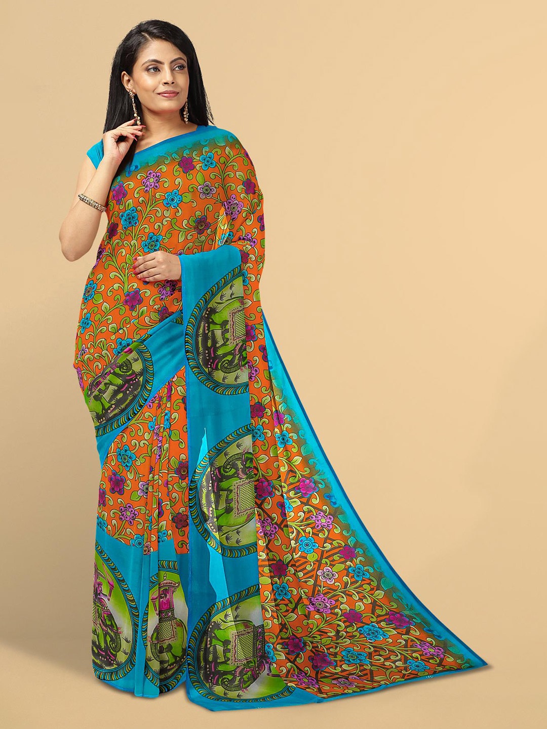 

Kalamandir Orange & Blue Floral Saree