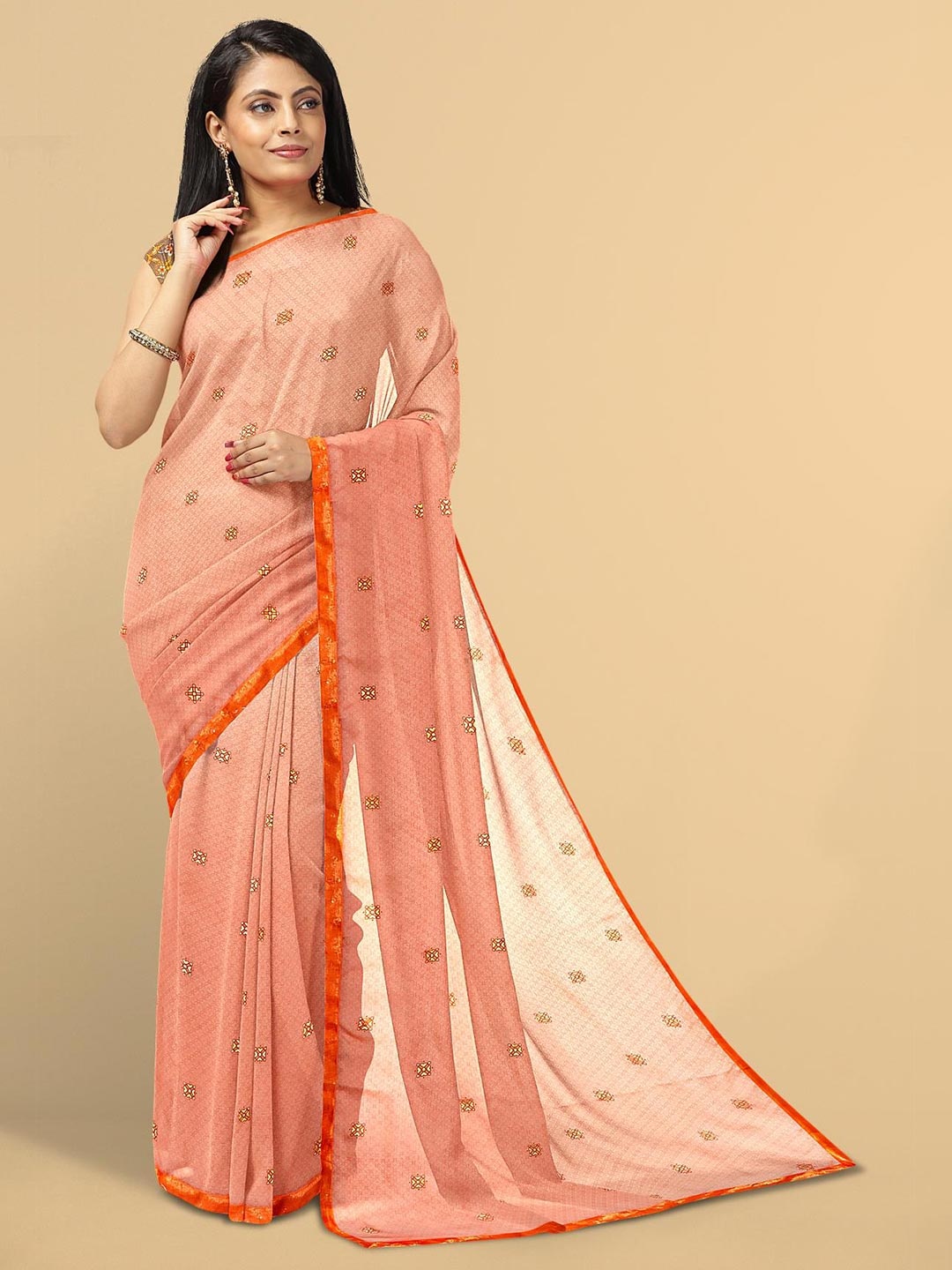 

Kalamandir Peach-Coloured & Mustard Floral Silk Blend Saree