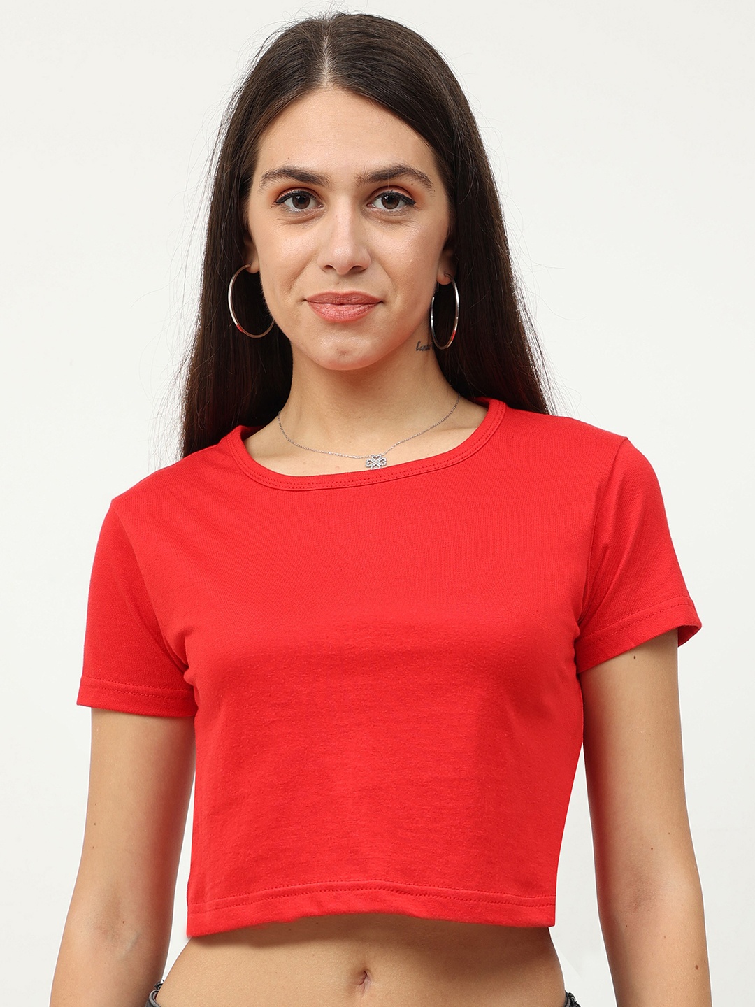 

Fleximaa Red Solid Pure Cotton Regular Crop Top