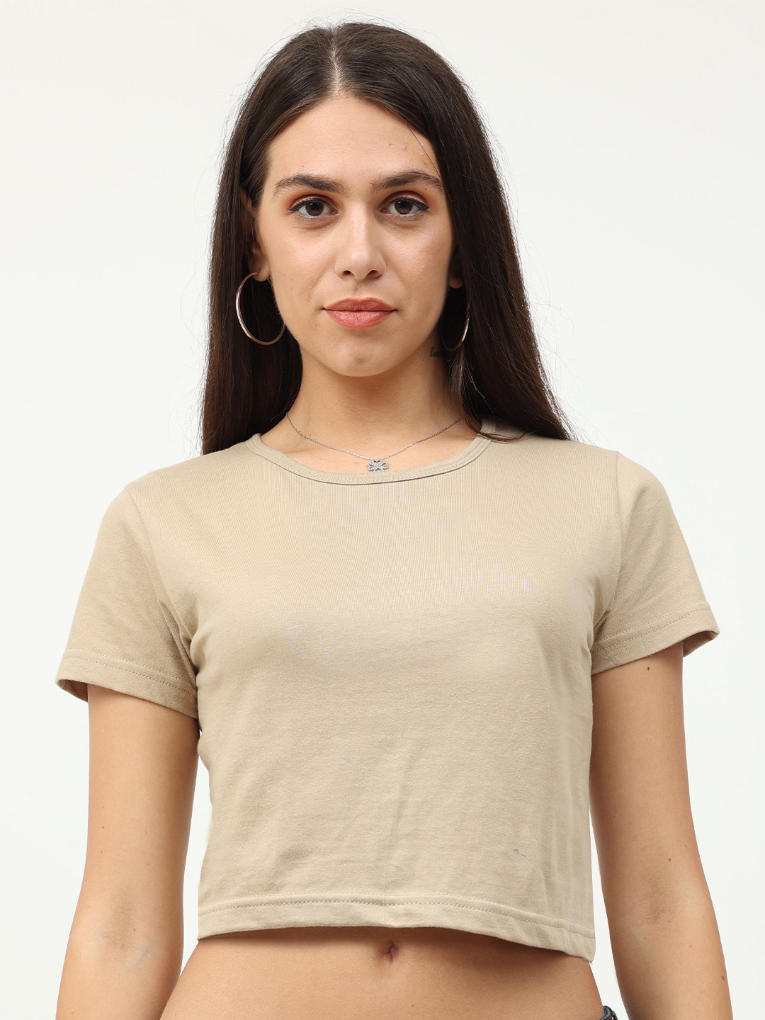 

Fleximaa Beige Solid Crop Top