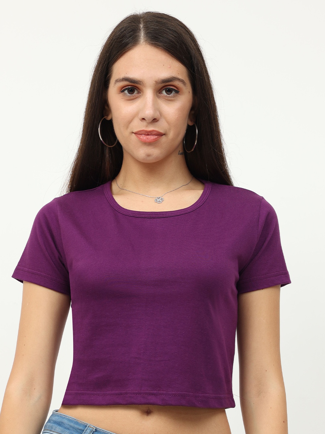 

Fleximaa Purple Solid Pure Cotton Regular Crop Top