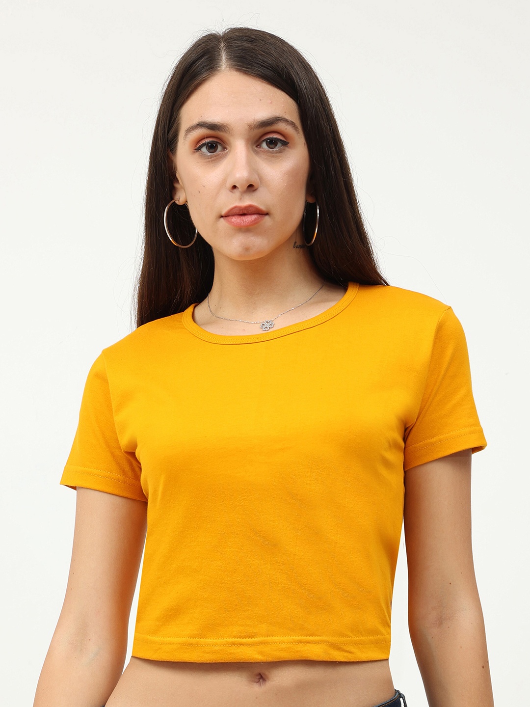 

Fleximaa Women Mustard Yellow Solid Pure Cotton Crop Top