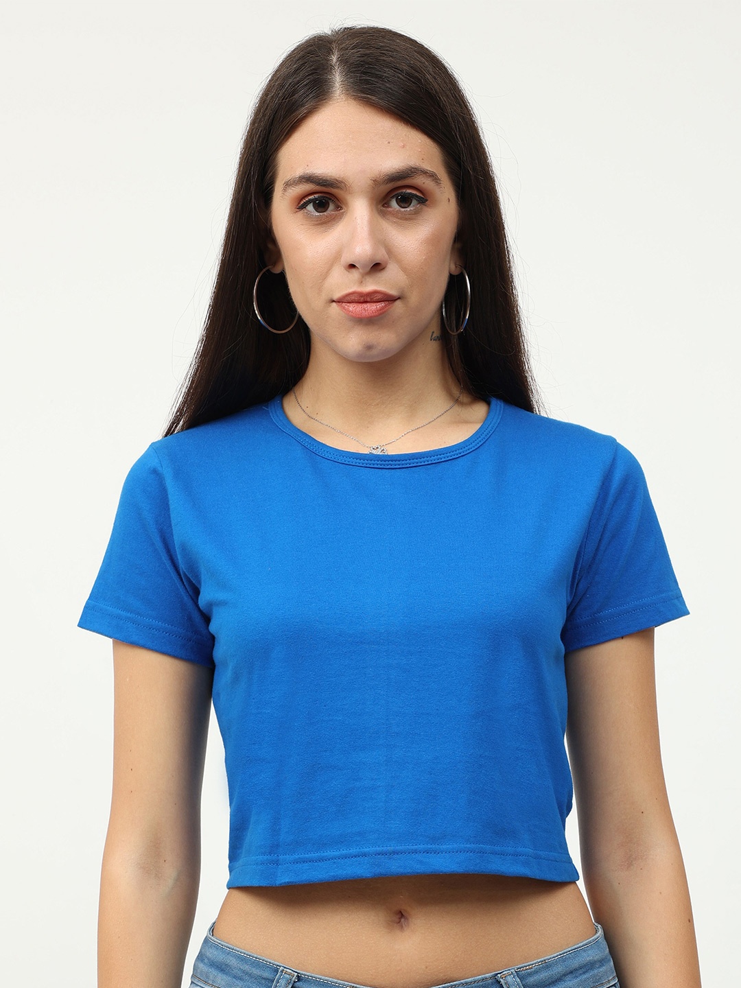 

Fleximaa Blue Solid Pure Cotton Crop Top