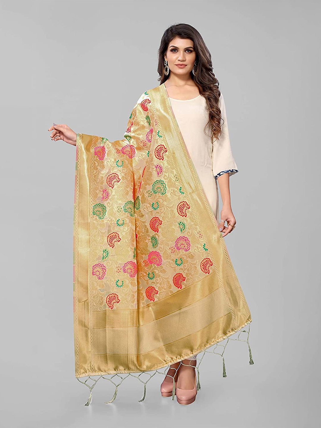 

Kasak Beige & Green Woven Design Art Silk Dupatta