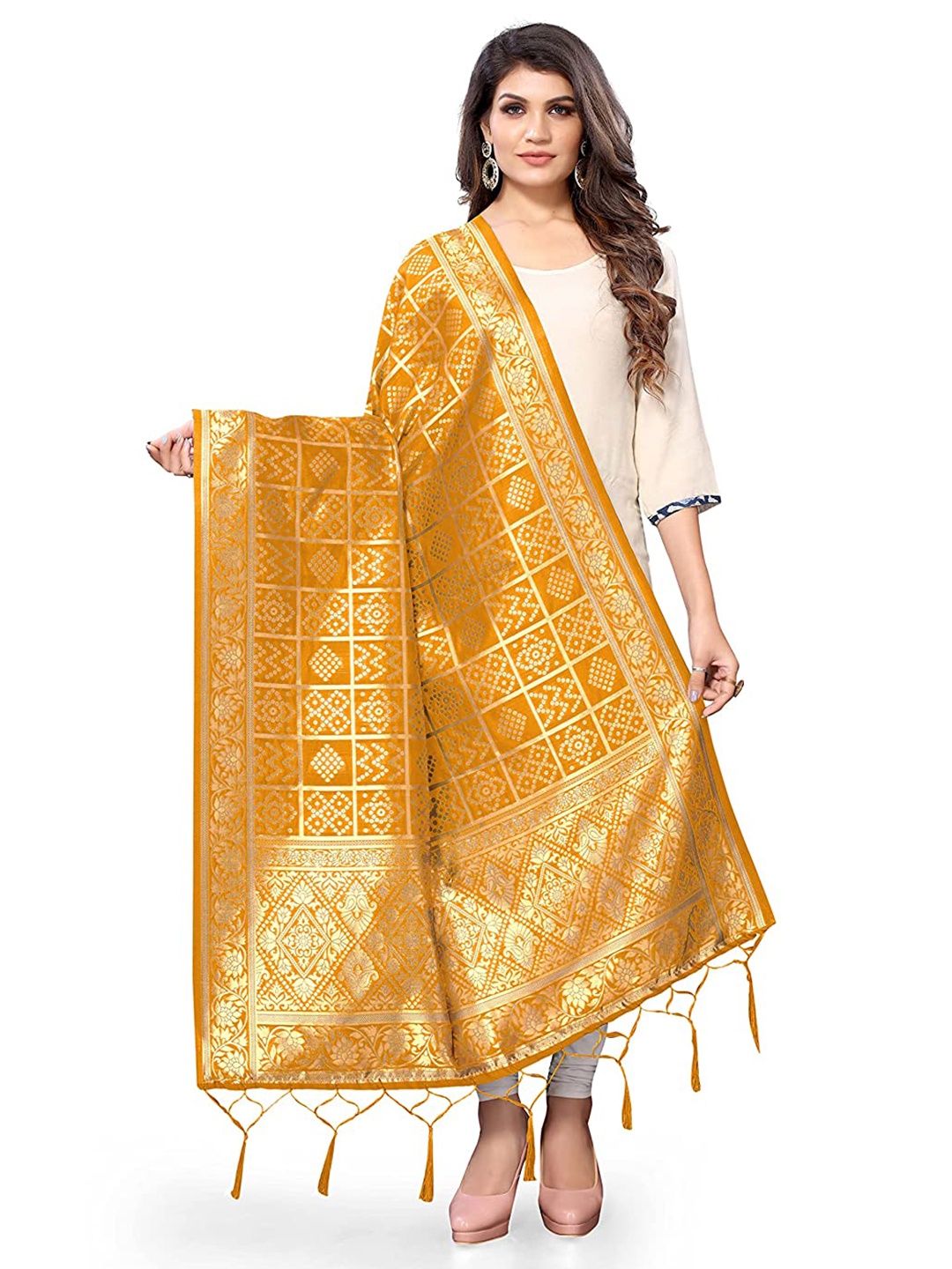 

Kasak Yellow & Gold-Toned Woven Design Art Silk Bandhani Dupatta