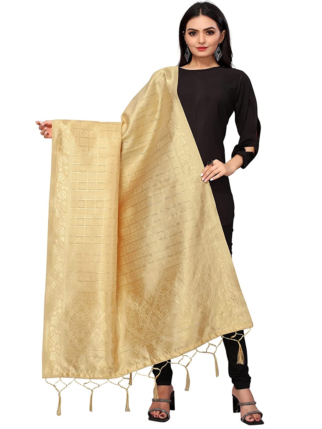 

Kasak Gold-Toned Woven Design Art Silk Bandhani Dupatta