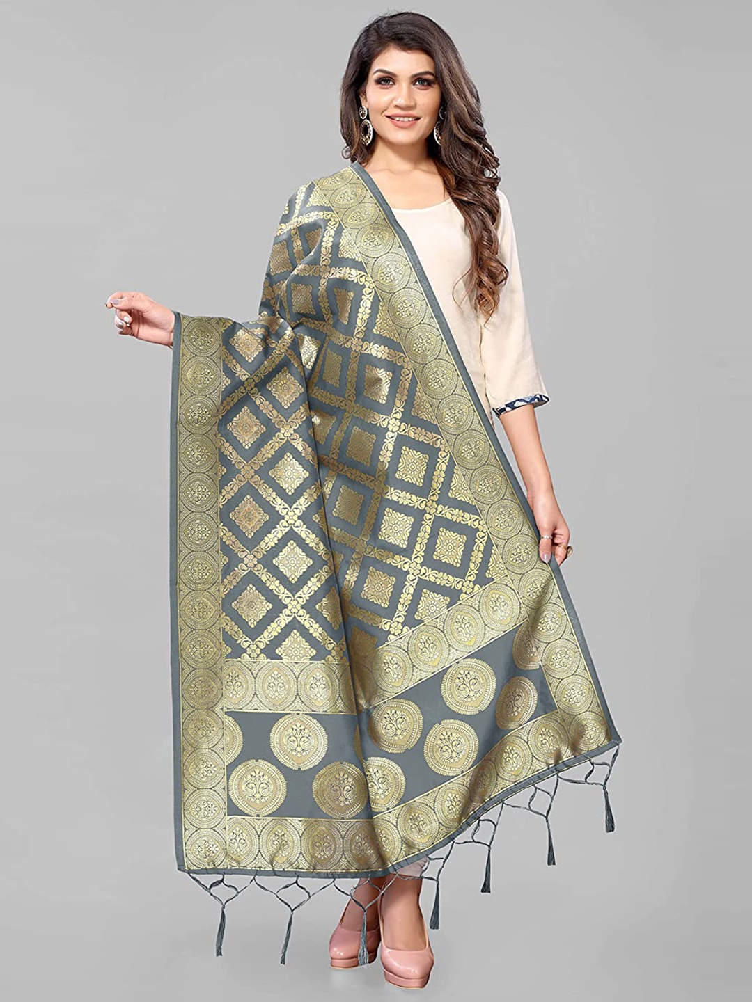 

Kasak Grey & Gold-Toned Woven Design Art Silk Dupatta