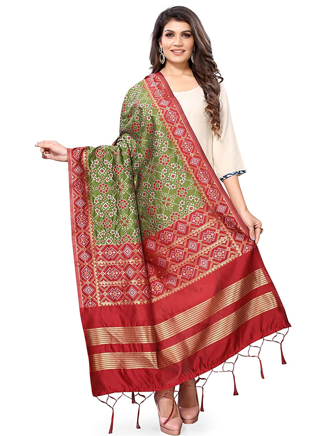 

Kasak Green & Red Woven Design Art Silk Bandhani Dupatta