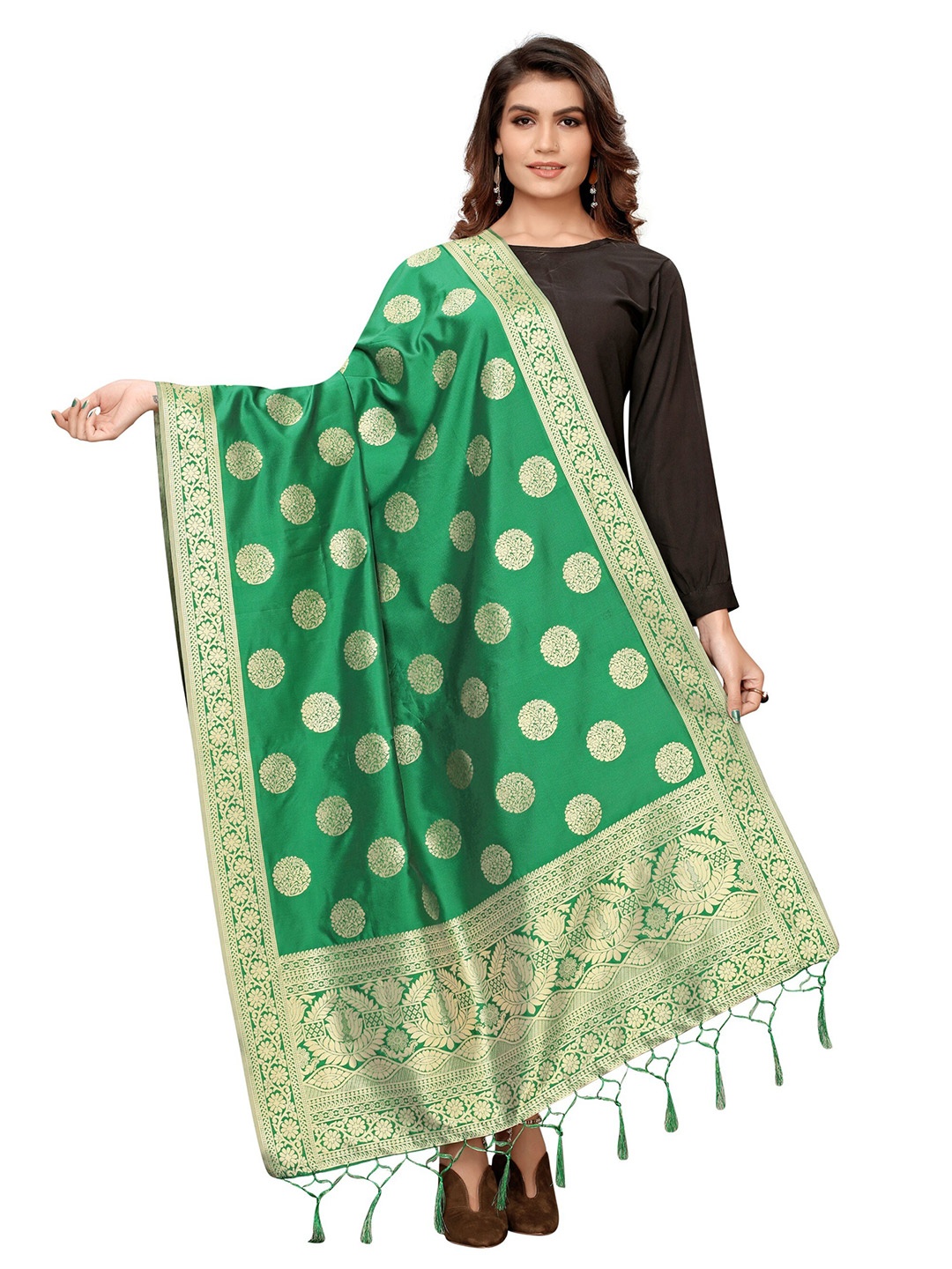 

Kasak Green & Gold-Toned Woven Design Art Silk Dupatta