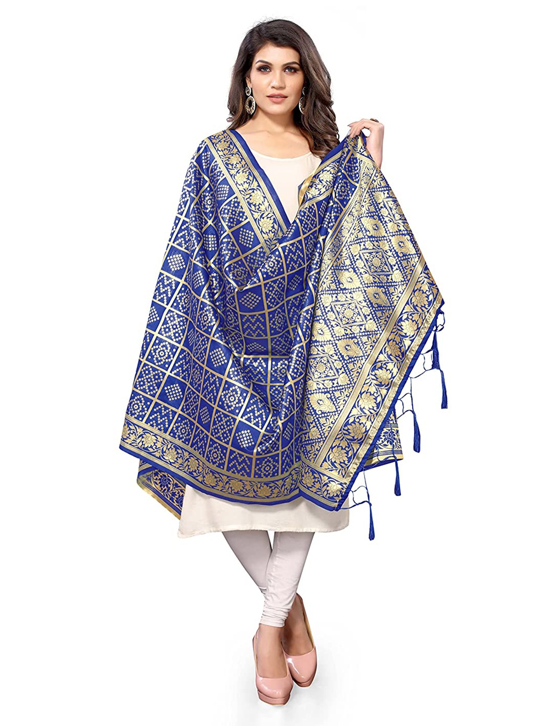 

Kasak Blue & Gold-Toned Woven Design Art Silk Bandhani Dupatta