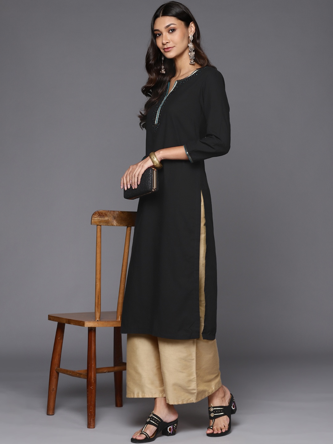 

Fabindia Women Black Pure Cotton Solid Kurta
