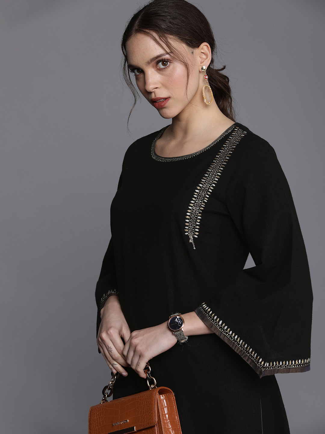

Fabindia Women Black Solid Flared Sleeves Thread Work Pure Cotton Kurta