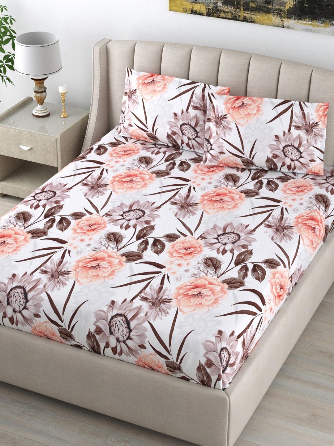 

DREAM WEAVERZ White & Pink Floral 220 TC King Bedsheet with 2 Pillow Covers