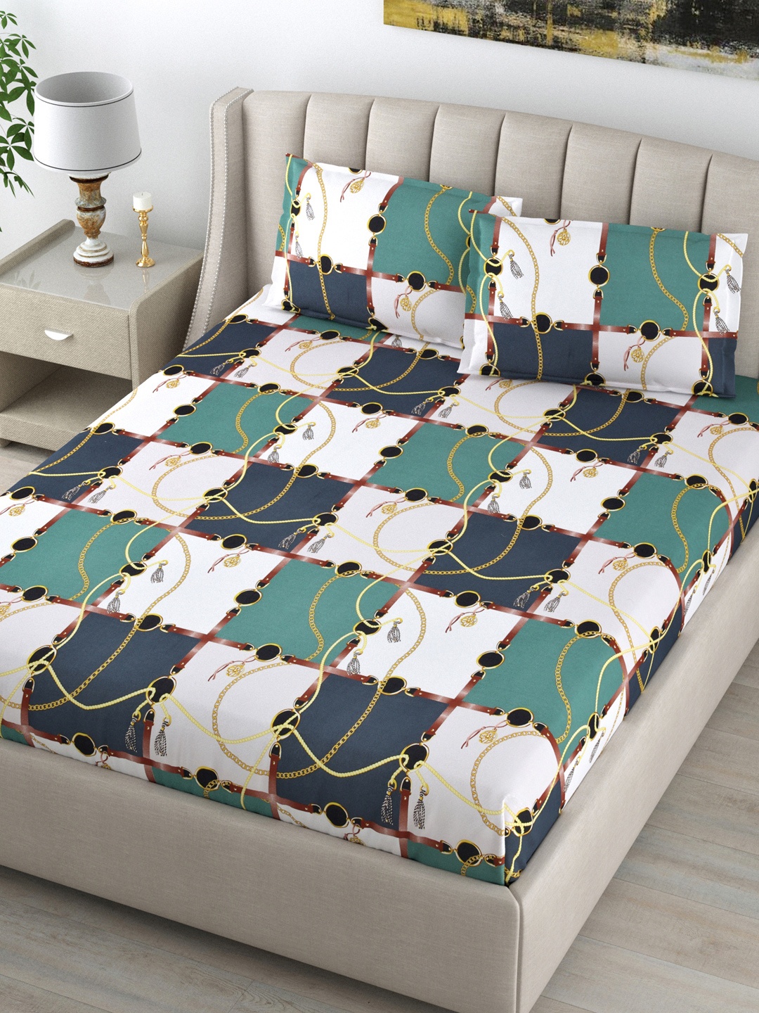 

DREAM WEAVERZ Unisex White Geometric 220TC Cotton King Bedsheet with 2 Pillow Covers