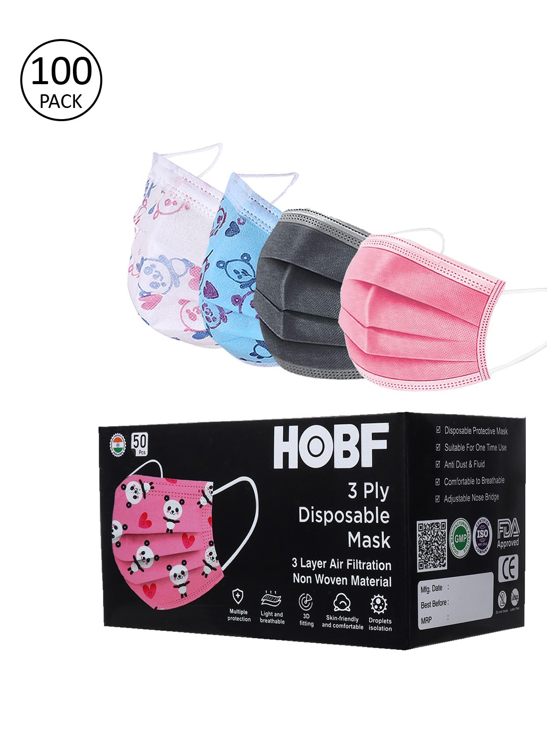 

FROGGY Kids Pack of 100 Assorted 3ply Anti-Pollution Protective Outdoor Mask With Nose-Pin