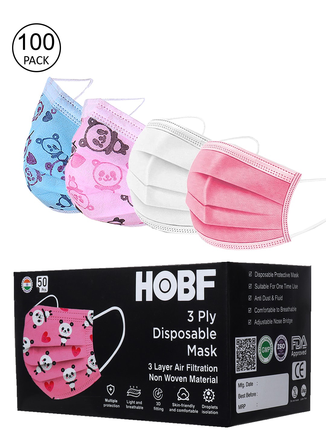 

FROGGY Unisex Kids Set of 100 Pink & Blue 3-Ply Disposable Anti-Pollution Masks With Nose-Pin