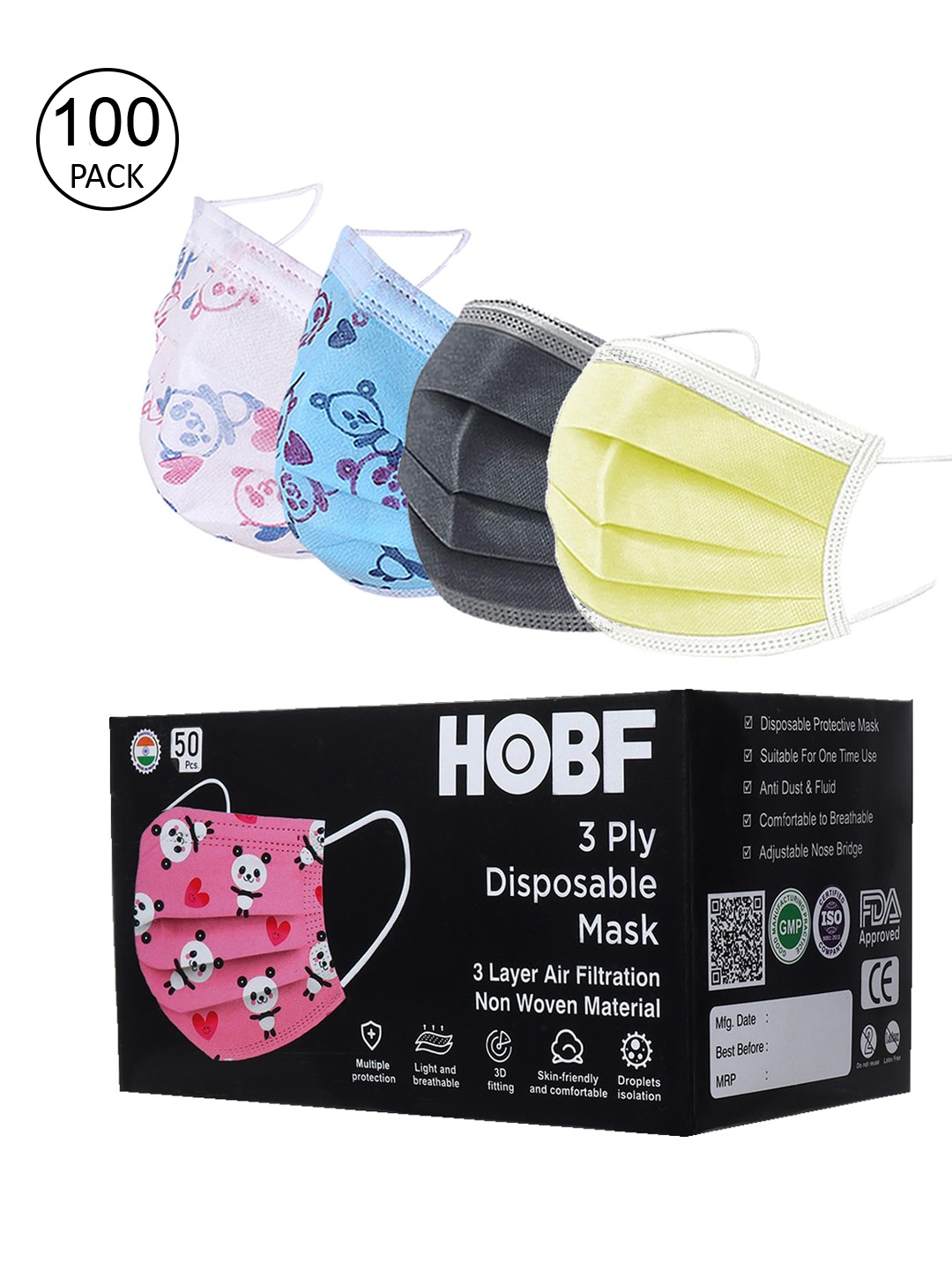 FROGGY Kids Pack Of 100 Assorted 3-Ply Anti-Pollution Masks