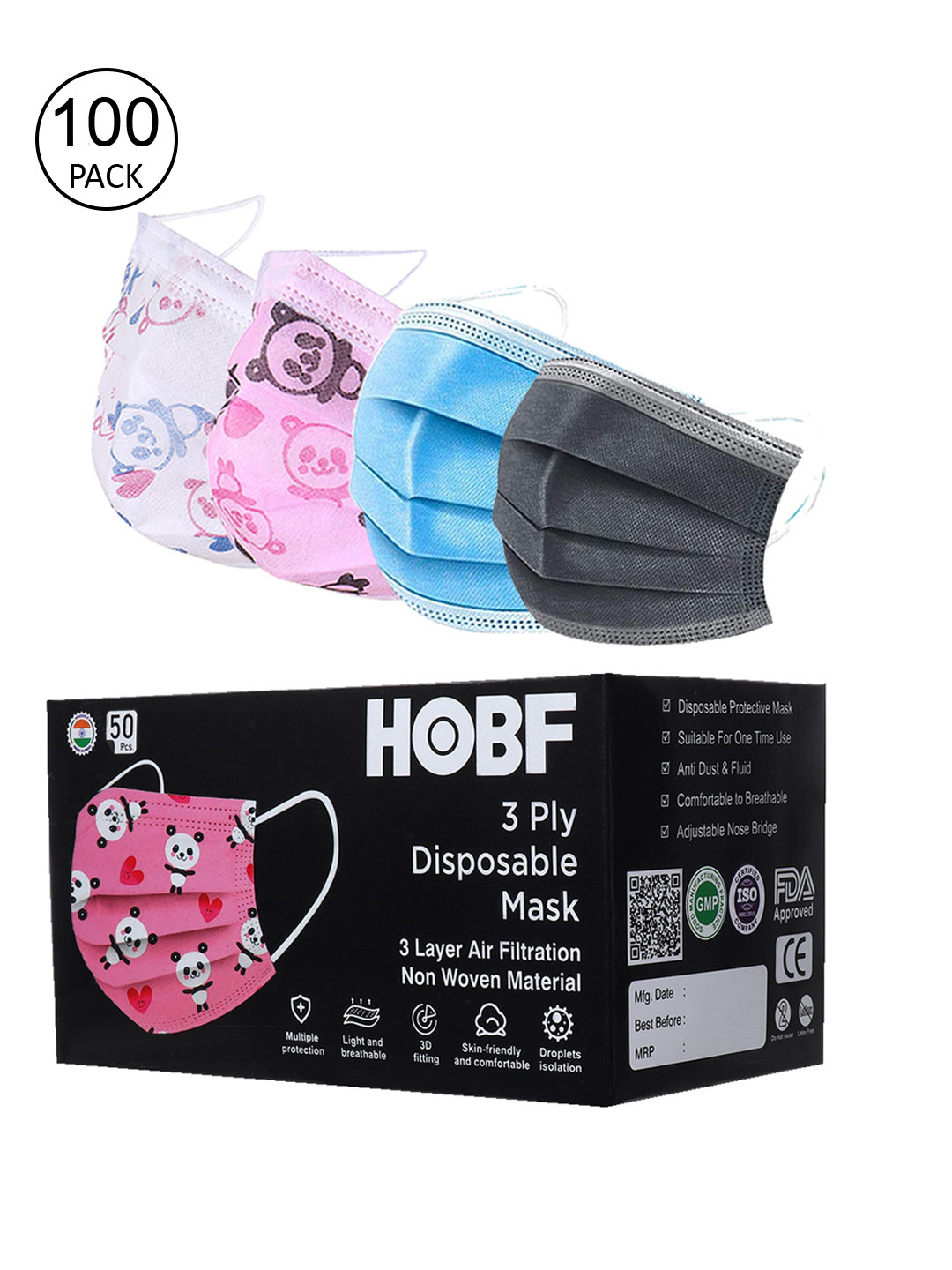 

FROGGY Unisex Kids Pack Of 100 Grey 3ply Anti-Pollution Surgical Mask With Nose-Pin