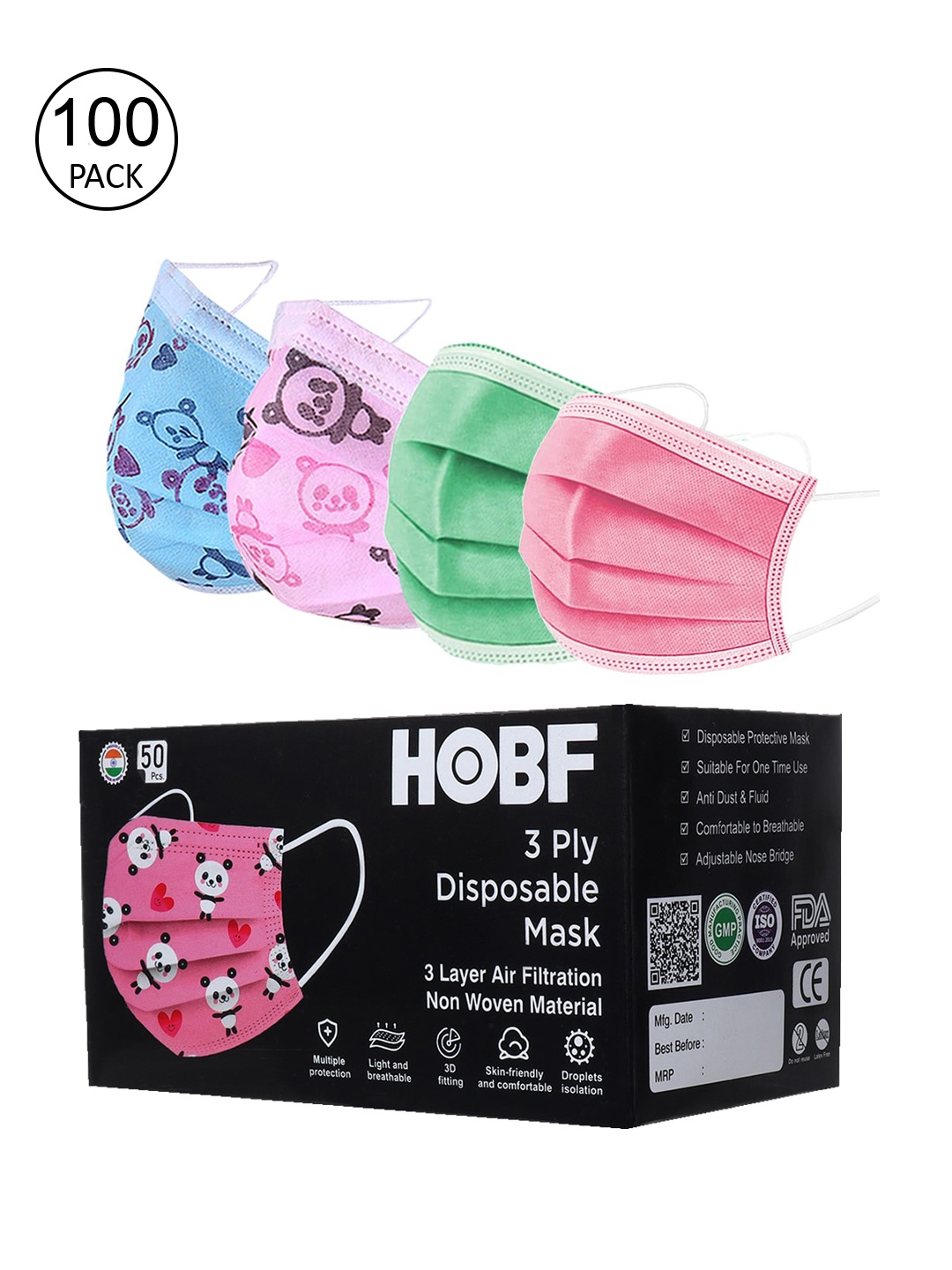 

FROGGY Pack of 100 Pink & Blue 3ply Disposable Mask, Assorted