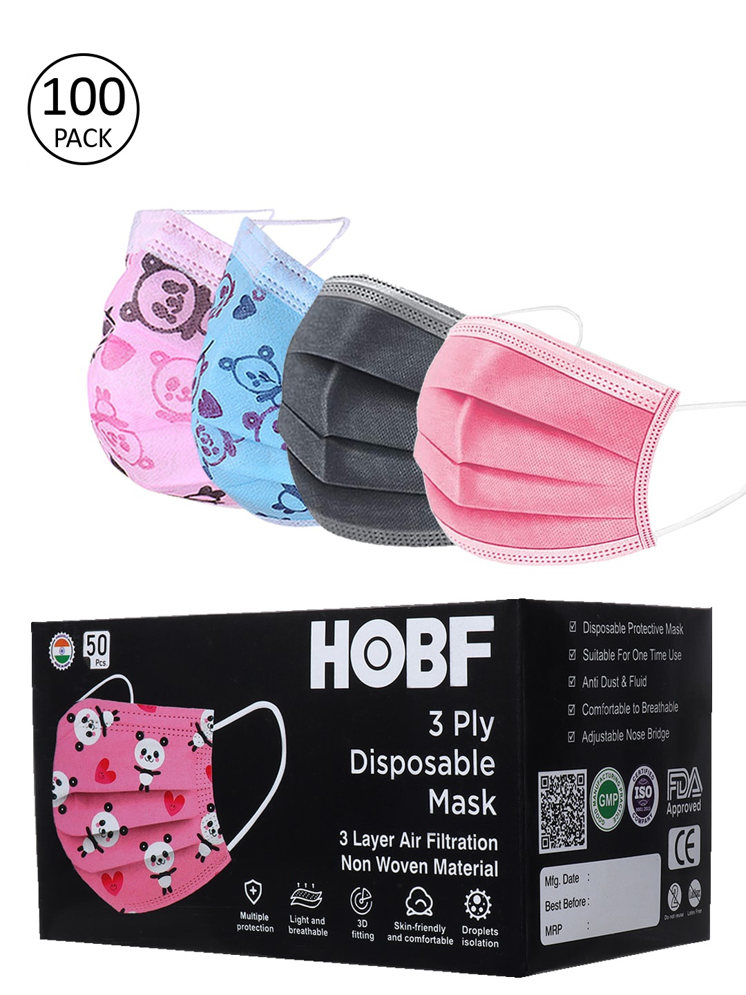 

FROGGY Set Of 100 Grey & Pink 3-Ply Anti-Pollution Surgical Masks