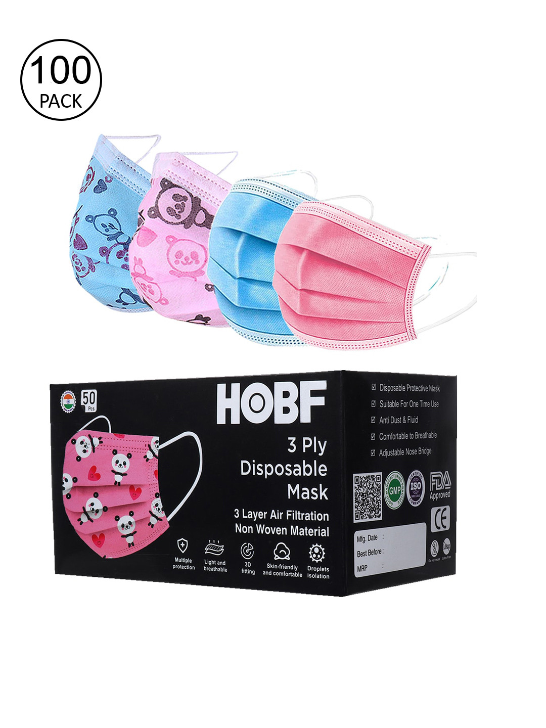 

FROGGY Kids Pack Of 100 Pink & Blue 3ply Anti-Pollution Disposable Mask