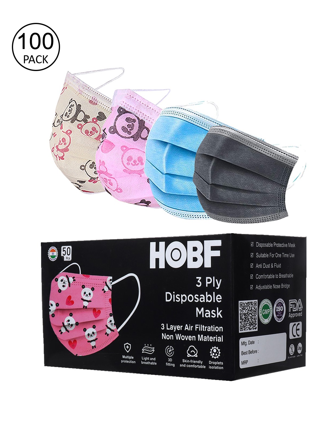 

FROGGY Kids Pack Of 100 Assorted 3ply Anti-Pollution Mask With Nose-Pin