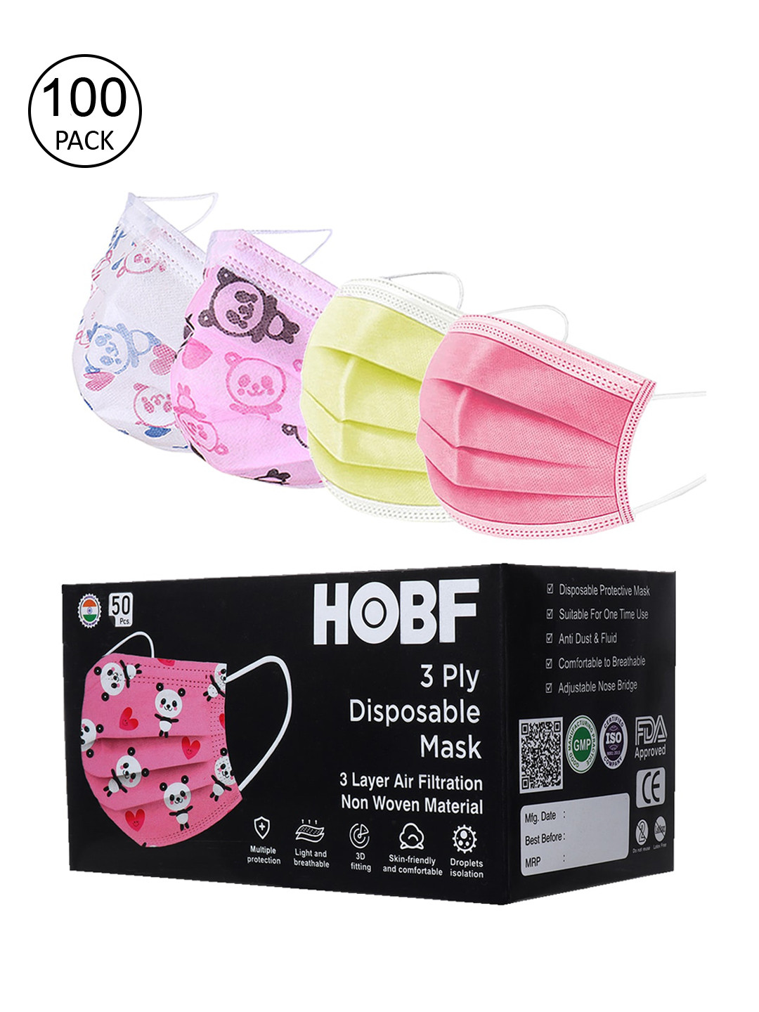 

FROGGY Kids Pack of 100 Pink 3ply Anti-Pollution Mask With Nose-Pin For Boys & Girls