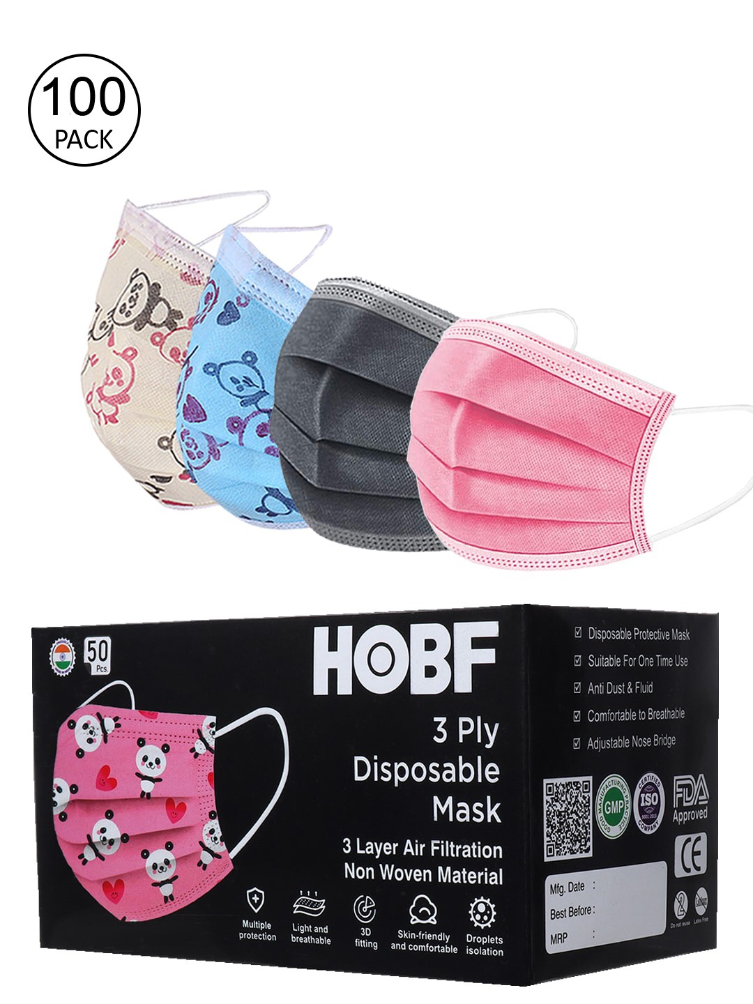 

FROGGY Unisex Kids Pack Of 100 3ply Anti-Pollution Mask With Nose-Pin, Multi