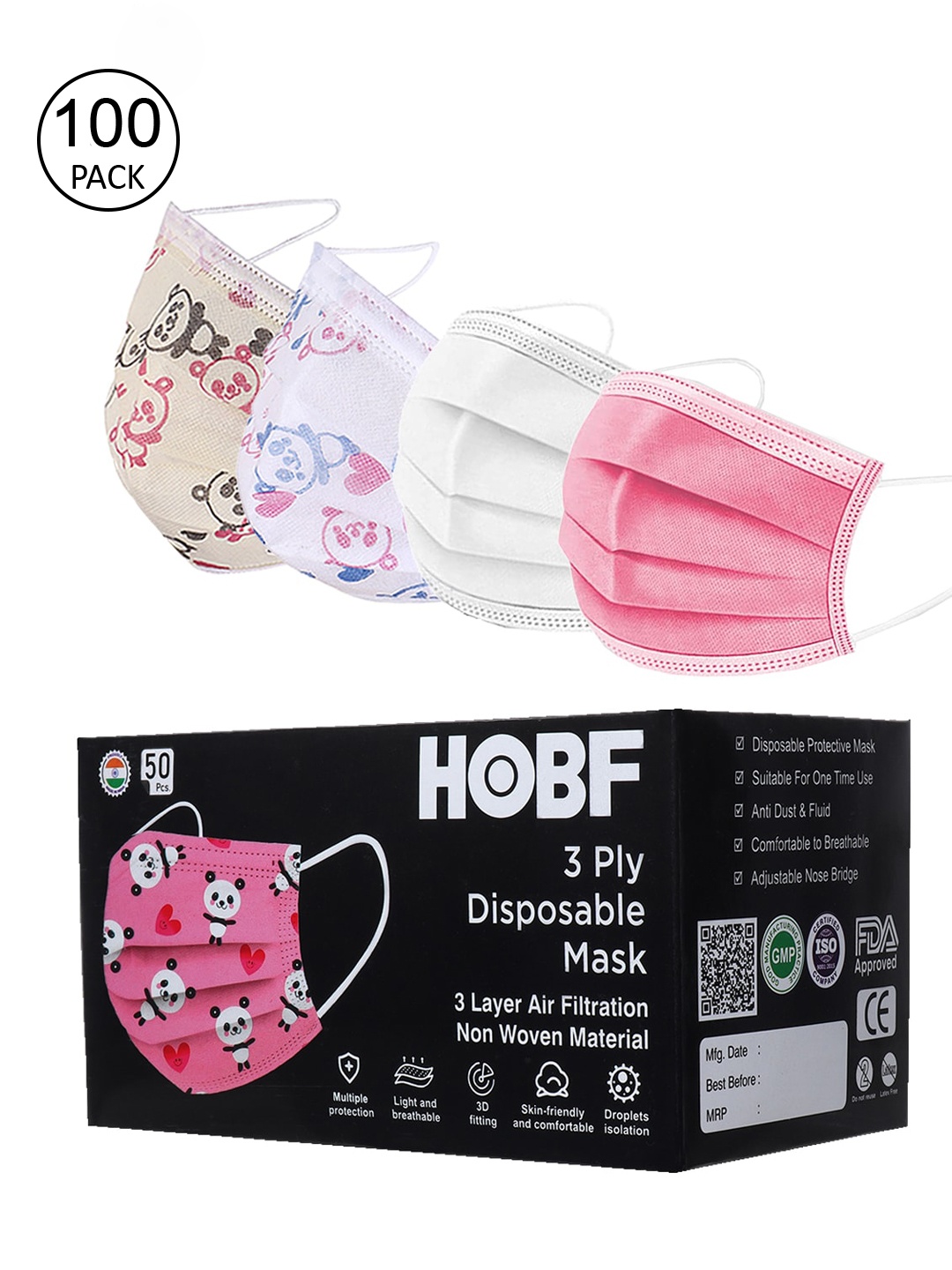 

FROGGY White, Pink & Cream Set Of 100 Anti-Pollution Masks