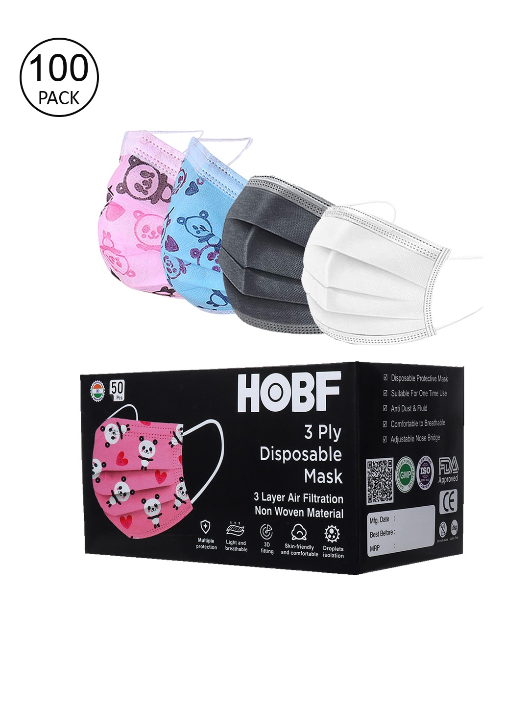 FROGGY Kids Pack of 100 Assorted 3ply Anti-Pollution Mask With Nose-Pin