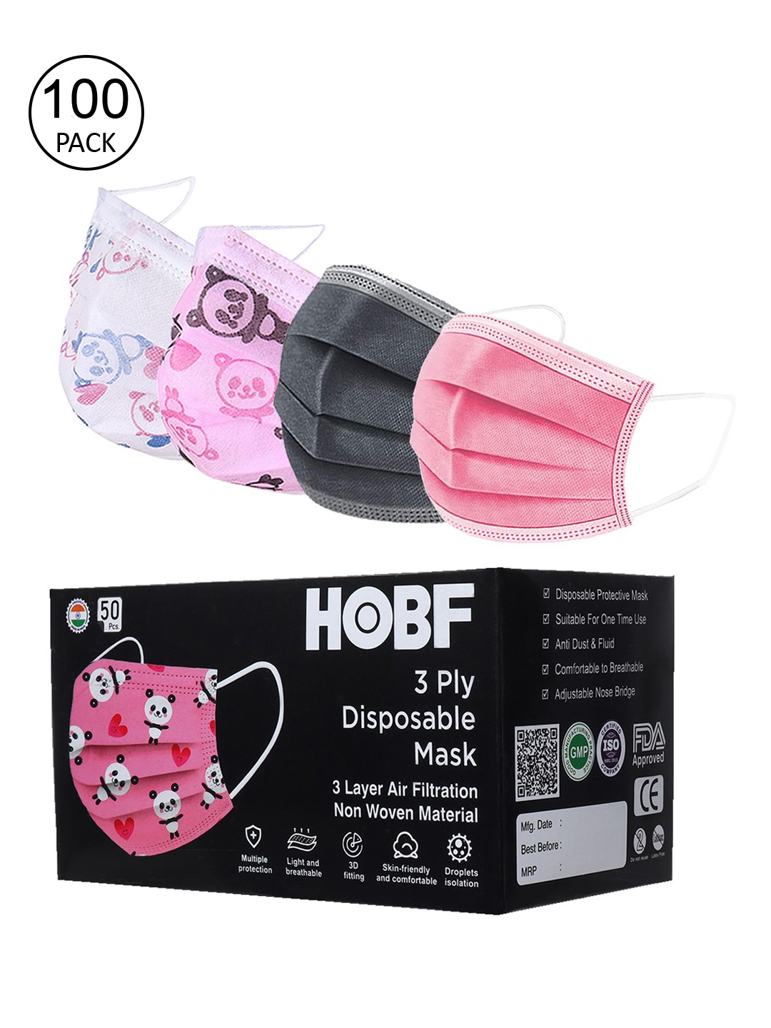 

FROGGY Kids Pack of 100 3-Ply Anti-Pollution Disposable Masks With Nose-Pin, Assorted