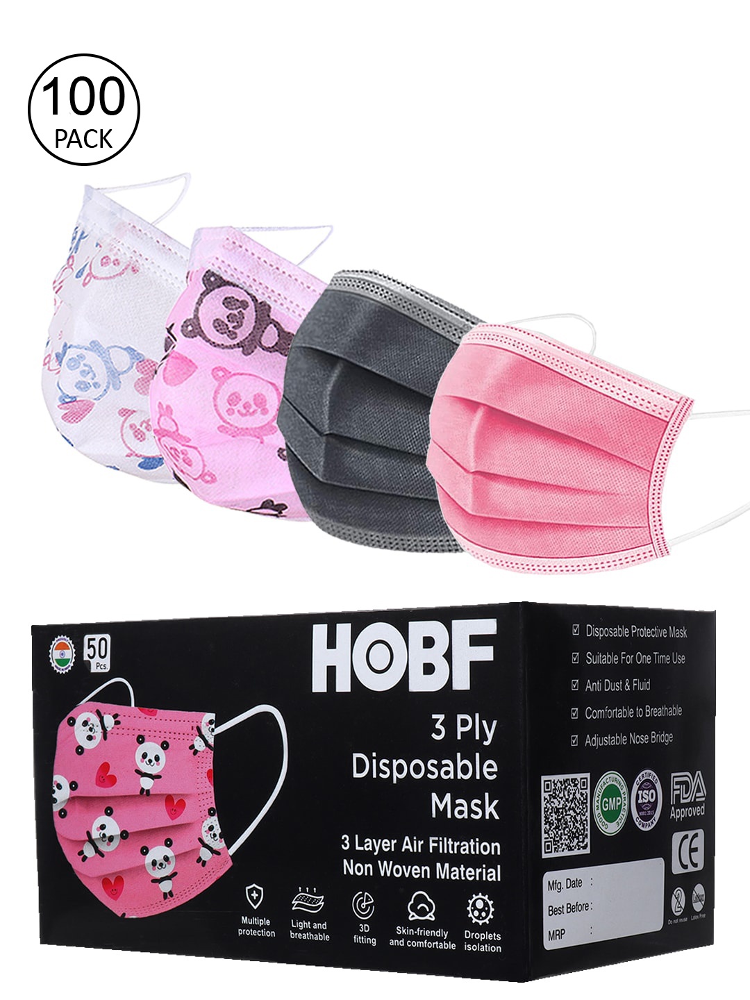 

FROGGY Kids Pack of 100 Assorted 3ply Anti-Pollution Mask With Nose-Pin