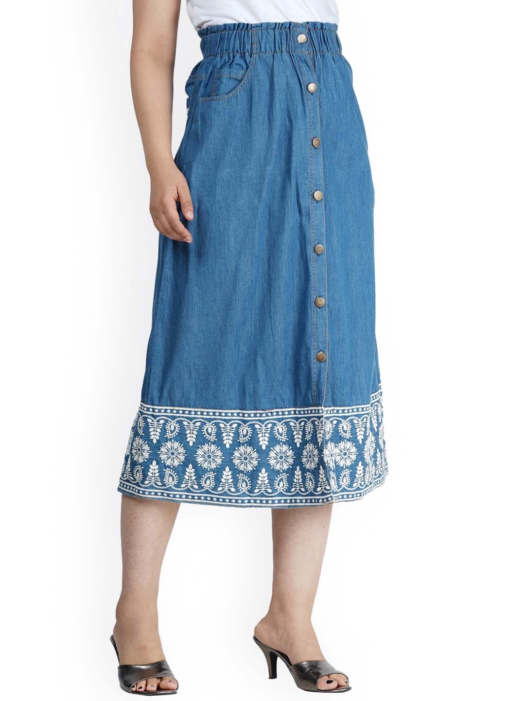 

SUMAVI-FASHION Women Blue Embroidered A-Line Midi Denim Skirt
