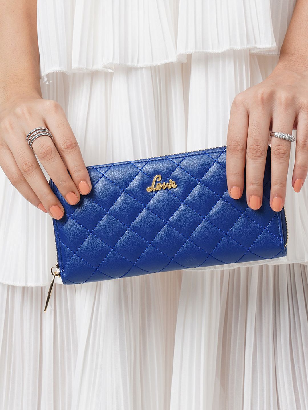 

Lavie Quilt Eden Blue & Gold-Toned Checked Zip Around Wallet