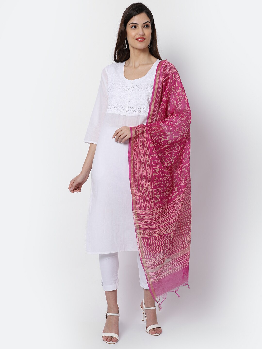 

LOOM LEGACY Pink & White Woven Design Cotton Silk Dupatta with Zari