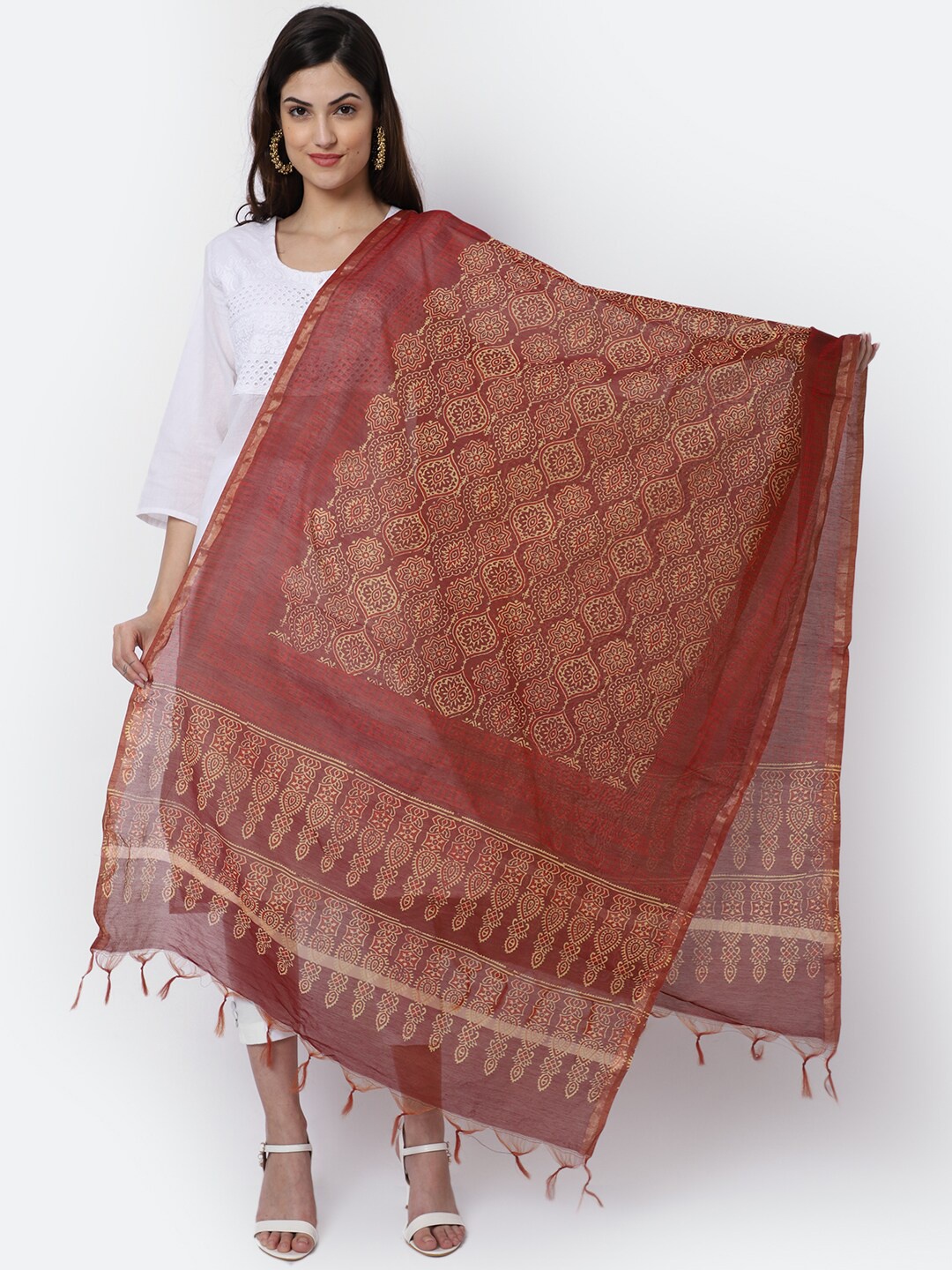 

LOOM LEGACY Red Woven Design Cotton Silk Dupatta with Zari