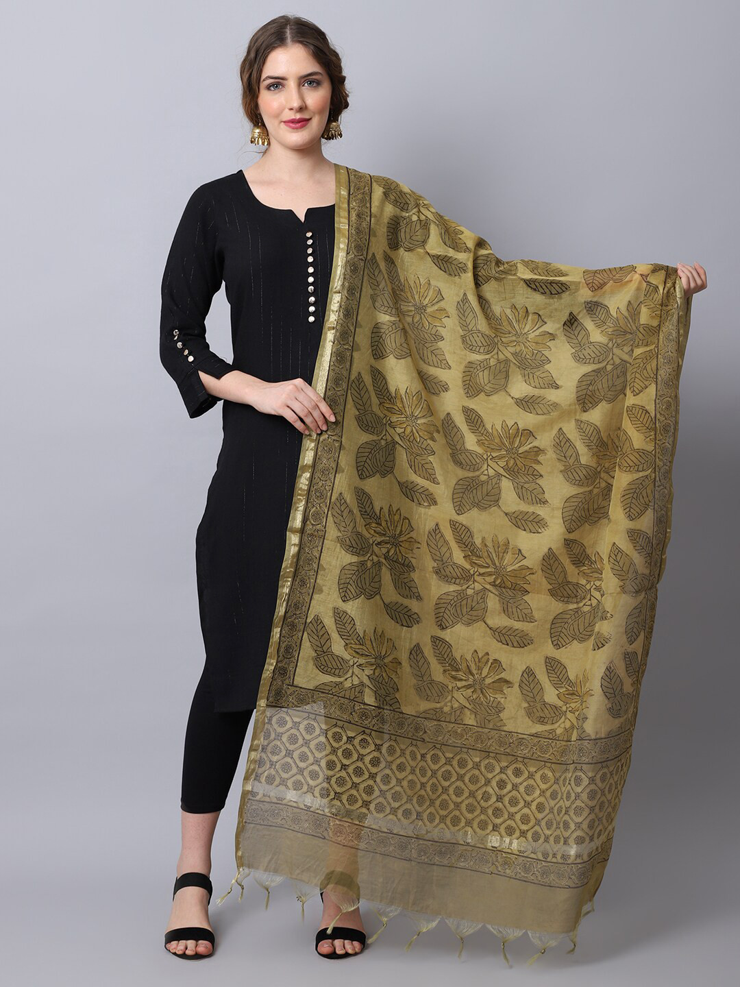 

LOOM LEGACY Mustard & Gold-Toned Woven Design Cotton Silk Dupatta with Zari