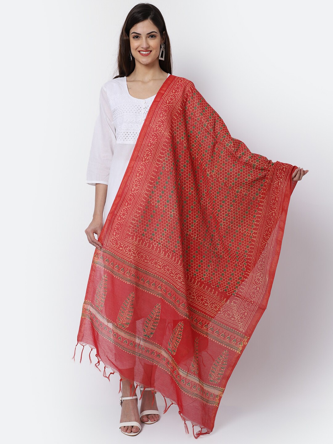 

LOOM LEGACY Red & Gold-Toned Woven Design Cotton Silk Dupatta with Zari