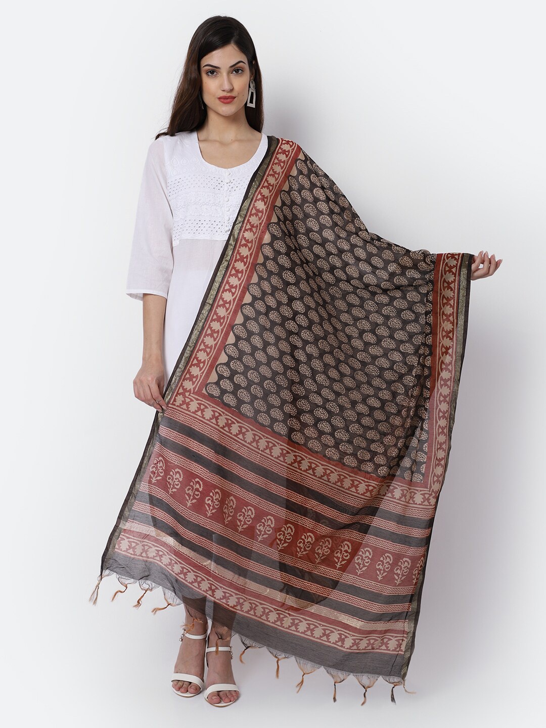 

LOOM LEGACY Black & Red Ethnic Motifs Woven Design Cotton Silk Dupatta with Zari