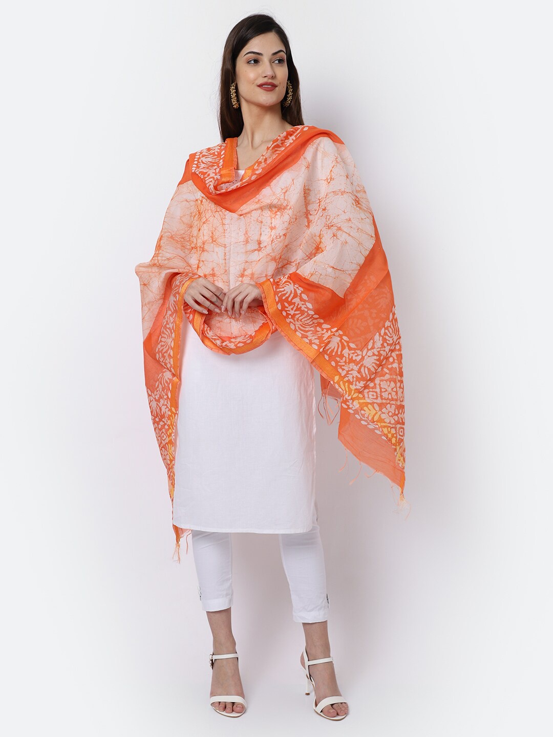 

LOOM LEGACY Orange & White Woven Design Cotton Silk Dupatta with Zari