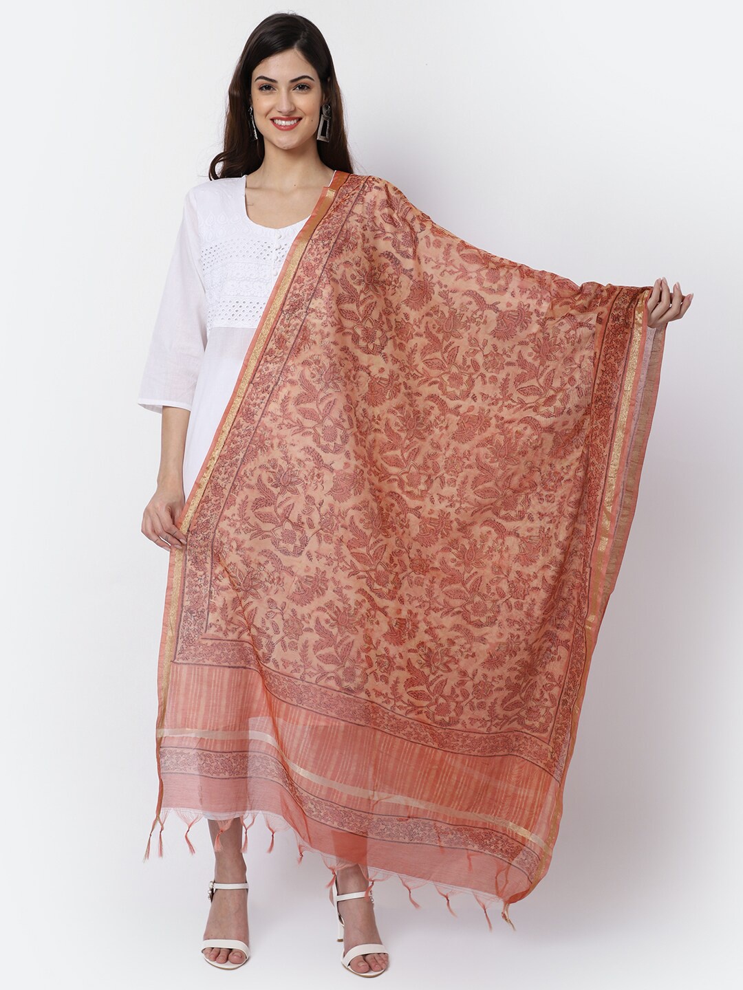 

LOOM LEGACY Red & Silver-Toned Woven Design Cotton Silk Dupatta with Zari