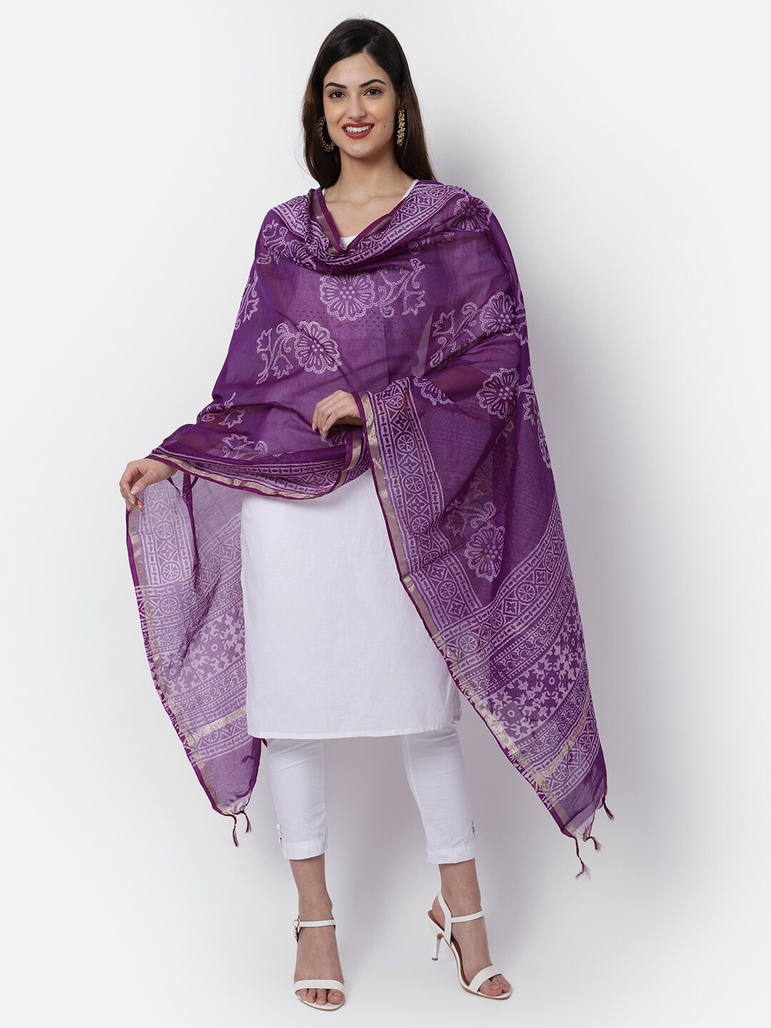 

LOOM LEGACY Purple & Silver-Toned Woven Design Cotton Silk Dupatta with Zari