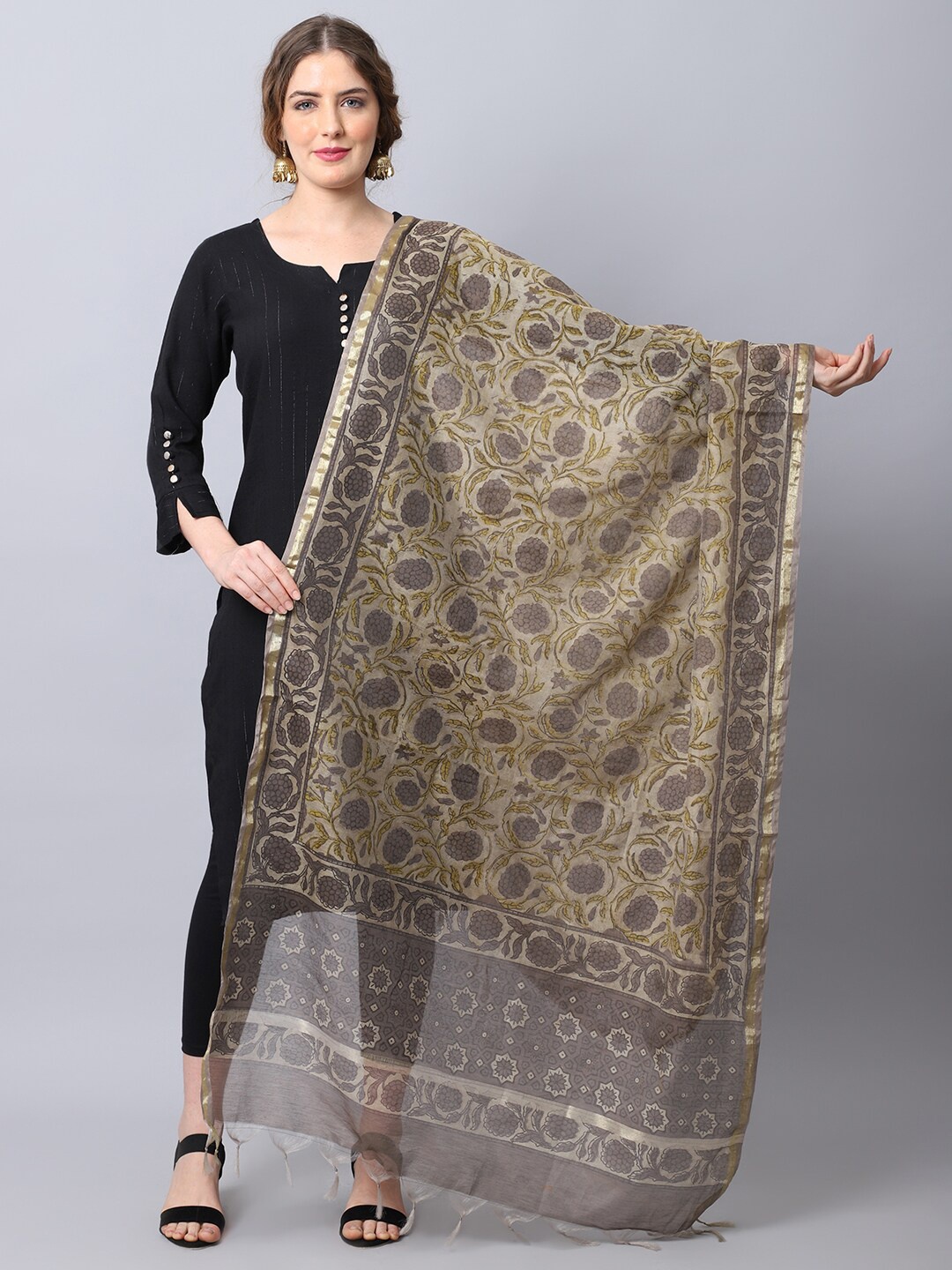 

LOOM LEGACY Grey & Yellow Woven Design Cotton Silk Dupatta with Zari
