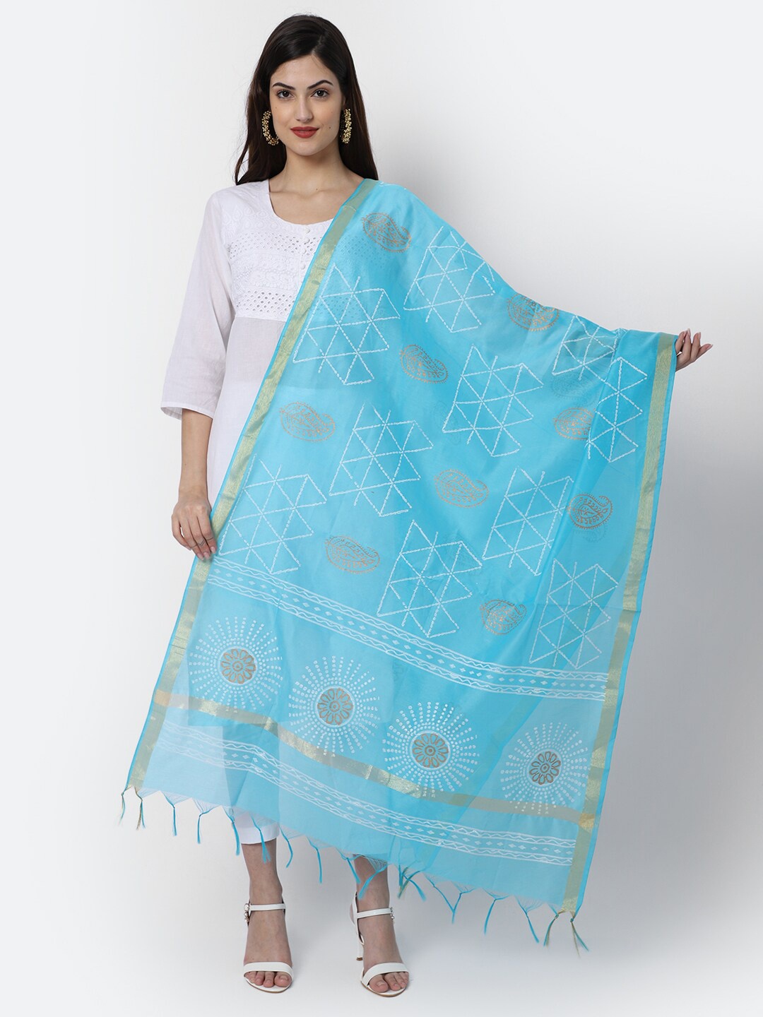 

LOOM LEGACY Turquoise Blue & Silver-Toned Woven Design Cotton Silk Dupatta with Zari