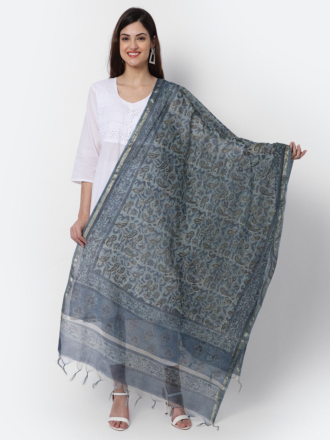 

LOOM LEGACY Blue & Silver-Toned Woven Design Cotton Silk Dupatta with Zari