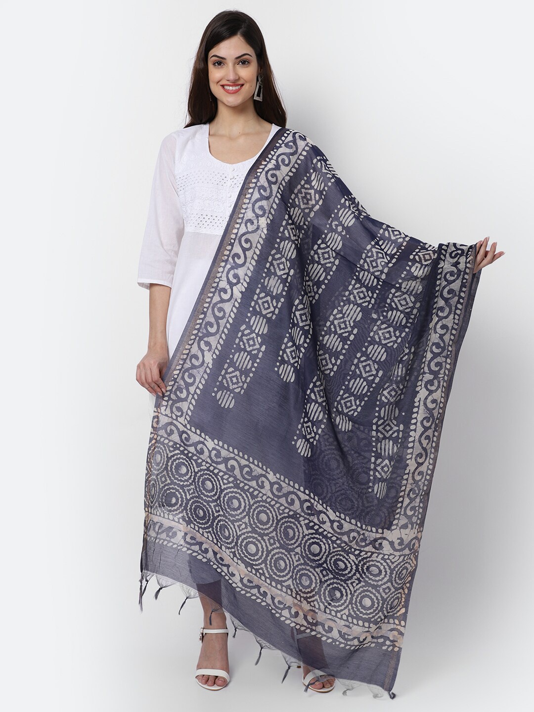 

LOOM LEGACY Blue & White Woven Design Cotton Silk Dupatta with Zari