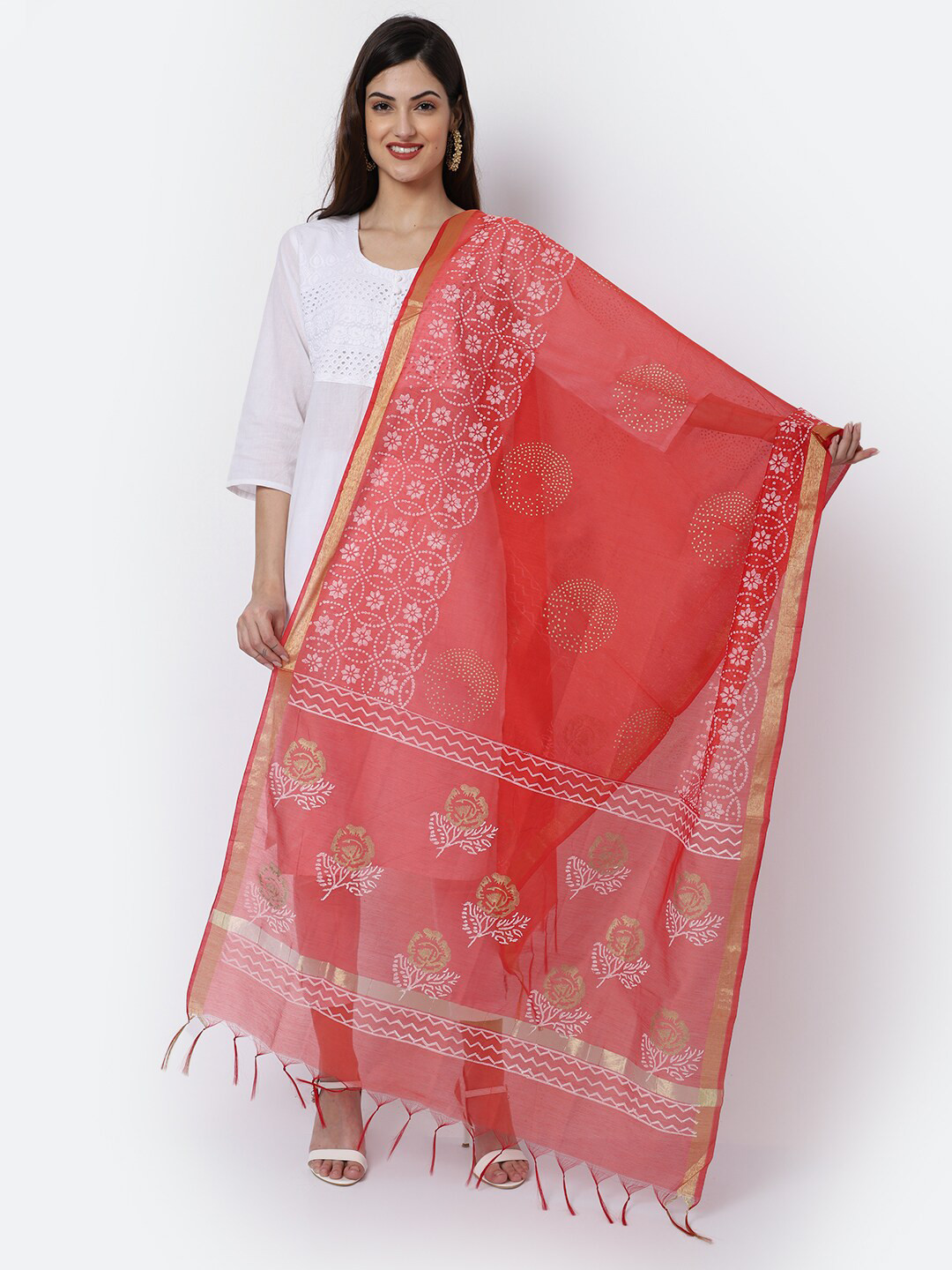 

LOOM LEGACY Red & Green Woven Design Cotton Silk Dupatta with Zari