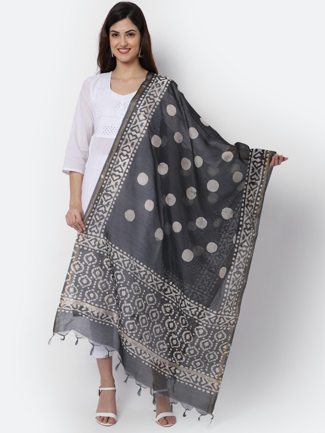 

LOOM LEGACY Black & White Woven Design Cotton Silk Dupatta with Zari